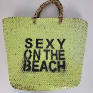 Emanuela Biffoli Womens Handbag Green Sexy on the Beach Painted Woven Straw Tote